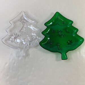 Set 2 Christmas Tree Shaped Plastic Serving Platters Green Clear